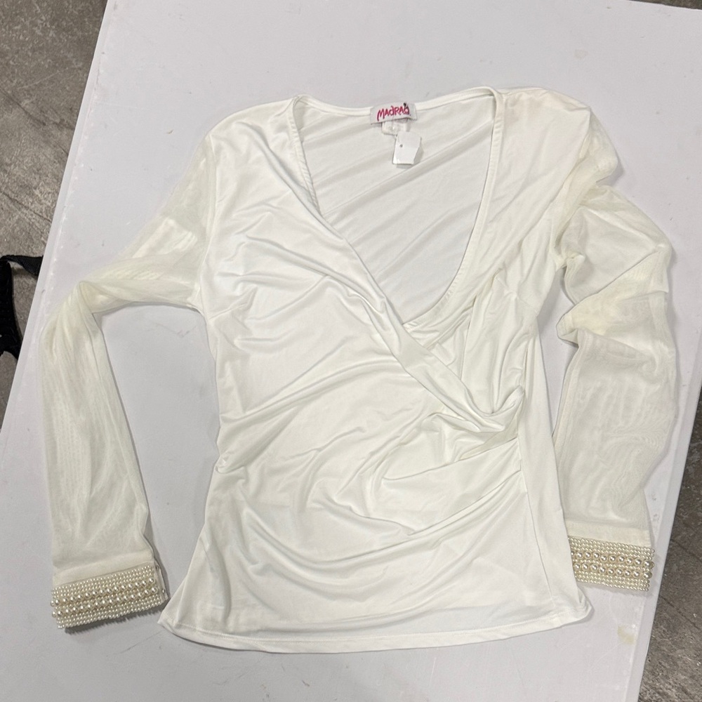 Elegant Cream Wrap Blouse with Pearl Cuffs